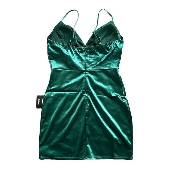 NWT Lulus Alluring Energy Emerald Green Satin Bodycon Mini Dress Medium - Picture 2 of 5